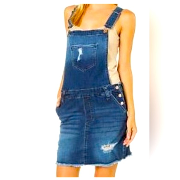 CELEBRITY PINK DISTRESSED DENIM OVERALL DRESS *like new* - Picture 1 of 12